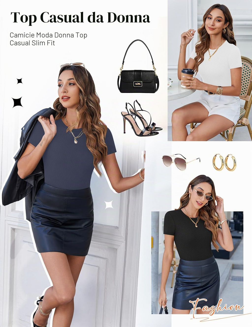 Set 3 t-shirt donna a maniche corte, girocollo, aderenti