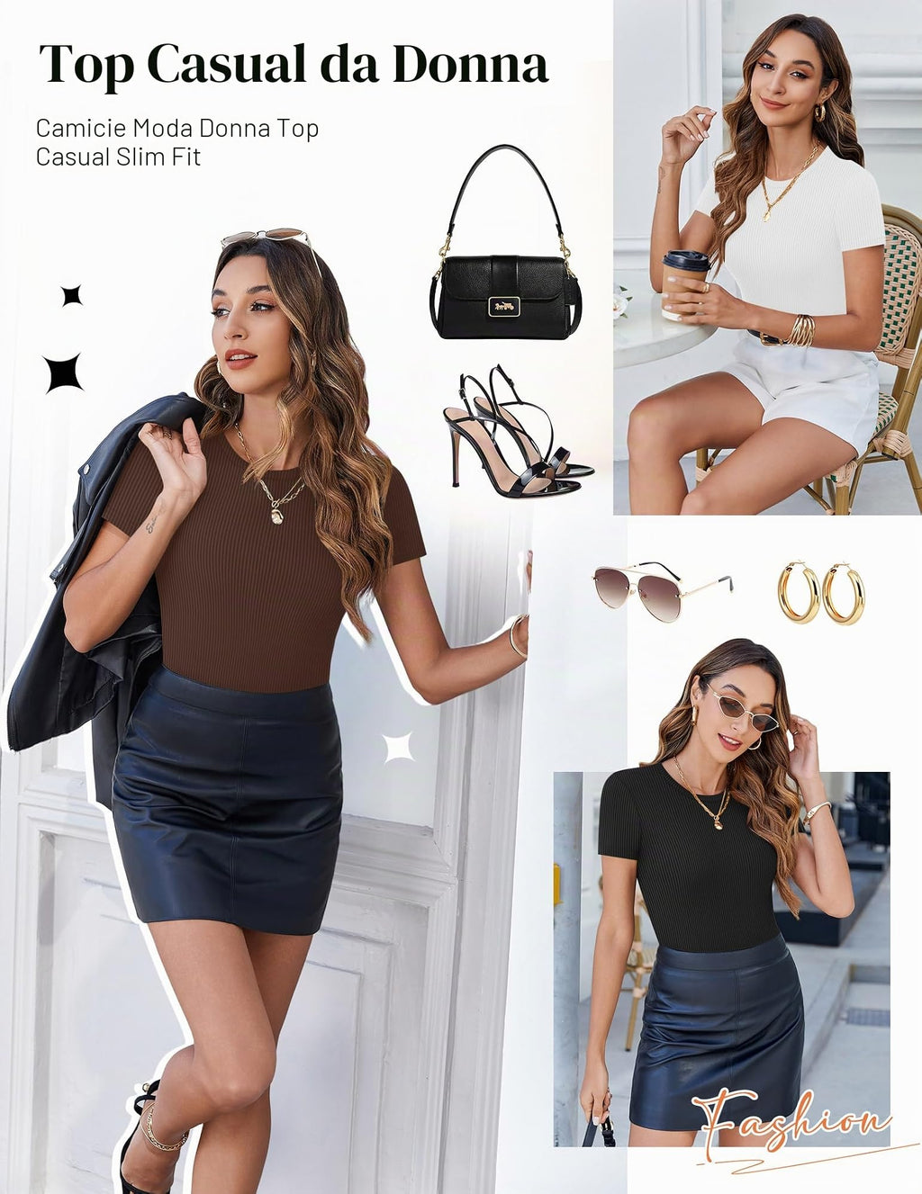 Set 3 t-shirt donna a maniche corte, girocollo, aderenti