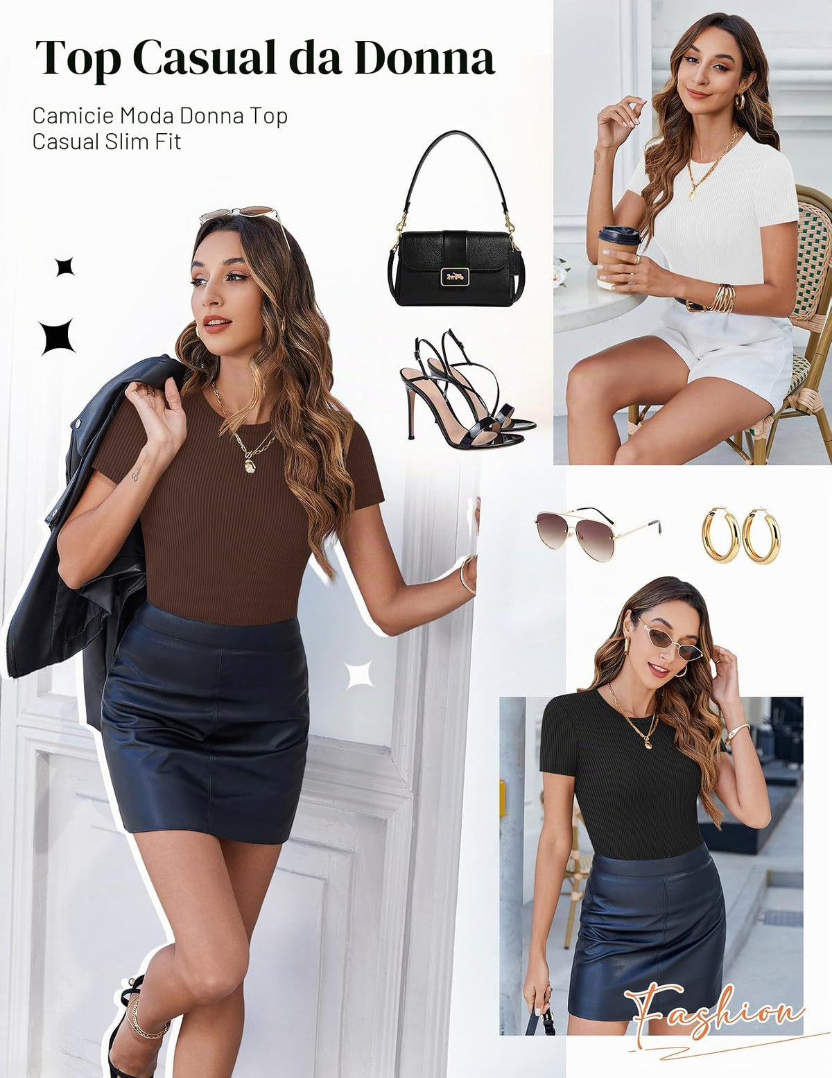 Set 3 t-shirt donna a maniche corte, girocollo, aderenti