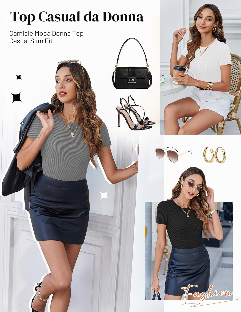 Set 3 t-shirt donna a maniche corte, girocollo, aderenti